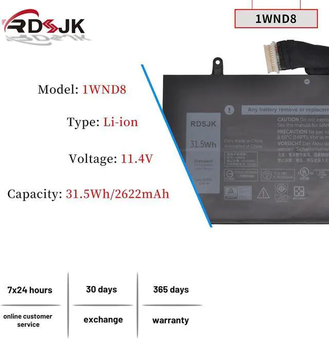 Alt view image 2 of 7 - 1WND8 Laptop Battery for Dell Latitude 12 5285 5290 2-in-1 E5285 E5290 T17G Series IWND8 JT90P 5JT8G J0PGR JOPGR 0RDYCT RDYCT JT90P 5JT8G 11.4V 31.5Wh