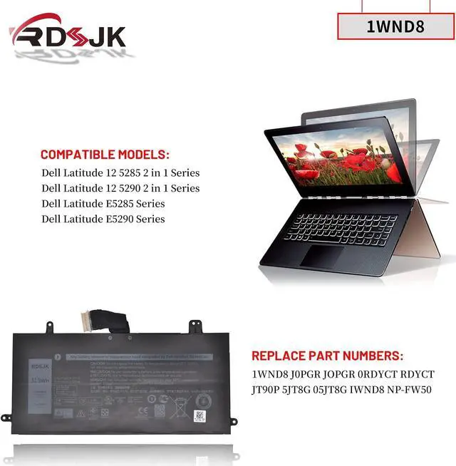 Alt view image 3 of 7 - 1WND8 Laptop Battery for Dell Latitude 12 5285 5290 2-in-1 E5285 E5290 T17G Series IWND8 JT90P 5JT8G J0PGR JOPGR 0RDYCT RDYCT JT90P 5JT8G 11.4V 31.5Wh