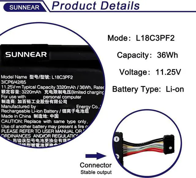 Alt view image 2 of 7 - L18C3PF2 36Wh Battery Replacement for Lenovo Ideapad L340-15API L340-15IWL Touch L340-17API L340-17IWL Series Laptop L18L3PF1 L18M3PF2 L18D3PF1 11.25V 3320mAh