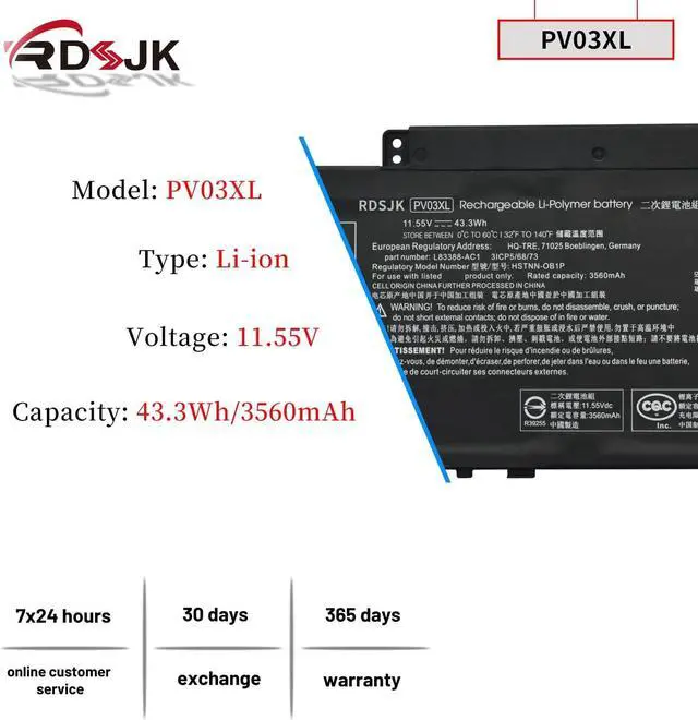 Alt view image 2 of 7 - PV03XL PP03XL Laptop Battery for HP Pavilion x360 13-BB 13-BB0000 14-DV 14M-DW 14-DK 15-EH 15-EH0000 14-dw0xxx Series HSTNN-LB8S HSTNN-DB9X HSTNN-OB1P L83388-421 L83388-AC1 L83393-005 11.55V 43.3Wh