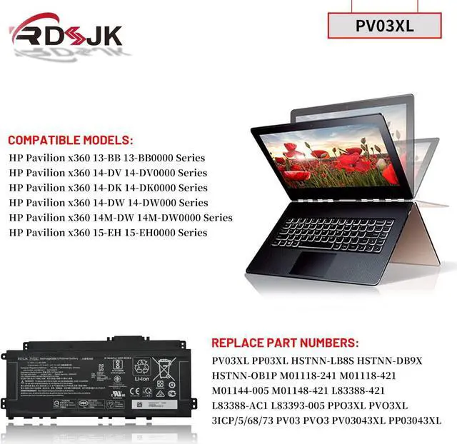 Alt view image 3 of 7 - PV03XL PP03XL Laptop Battery for HP Pavilion x360 13-BB 13-BB0000 14-DV 14M-DW 14-DK 15-EH 15-EH0000 14-dw0xxx Series HSTNN-LB8S HSTNN-DB9X HSTNN-OB1P L83388-421 L83388-AC1 L83393-005 11.55V 43.3Wh