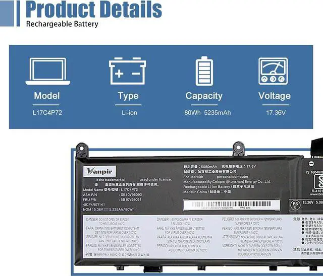 Alt view image 2 of 7 - L17C4P72 Laptop Battery,15.36V 80Wh 5235mAh Compatible with Lenovo ThinkPad X1 Extreme 1st Gen/2nd Gen ThinkPad P1 1st Gen/2nd Gen Series L17M4P72 01AY968 01AY969 L18M4P71 01YU911 5B10V98091
