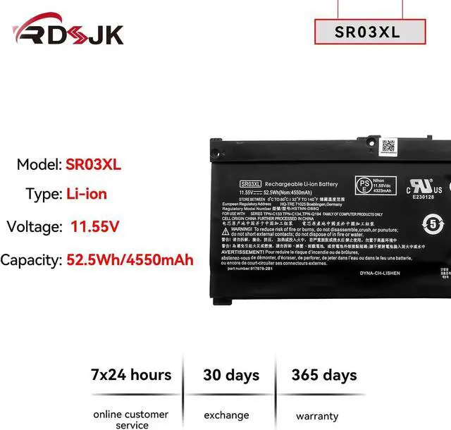 Alt view image 2 of 7 - SR03XL Laptop Battery for HP Pavilion 15-CX 15-CX00 15-CX0058WM Envy x360 15-cn0000 17-bw0000 HSTNN-DB8Q L08934-2C1 L08934-1B1 L08855-855 HSTNN-IB8L SR04XL TPN-C133 C134 TPN-Q194 SR04XL 11.55V 52.5Wh