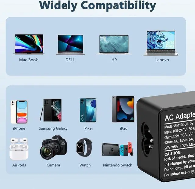 Alt view image 3 of 7 - USB C Laptop Charger, 100W AC Laptop Power Adapter for Lenovo, ThinkPad, HP, Asus, Acer, MacBook, MSI, Dell,Toshiba,Universal Chromebooks Type C Power Cord