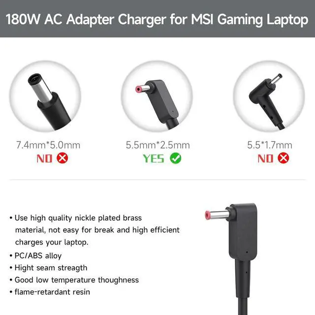 Alt view image 2 of 7 - 180W Lpatop Charger Fit for MSI Gaming Laptop Stealth Thin GS65 GS66 GF62 GF72 GF65 GS63 GS73 GS40 GS43 GS75 GE72 GE60 GE70 GE62 GL62 GL72 Power Supply AC Adapter Cord 120W/150W PC