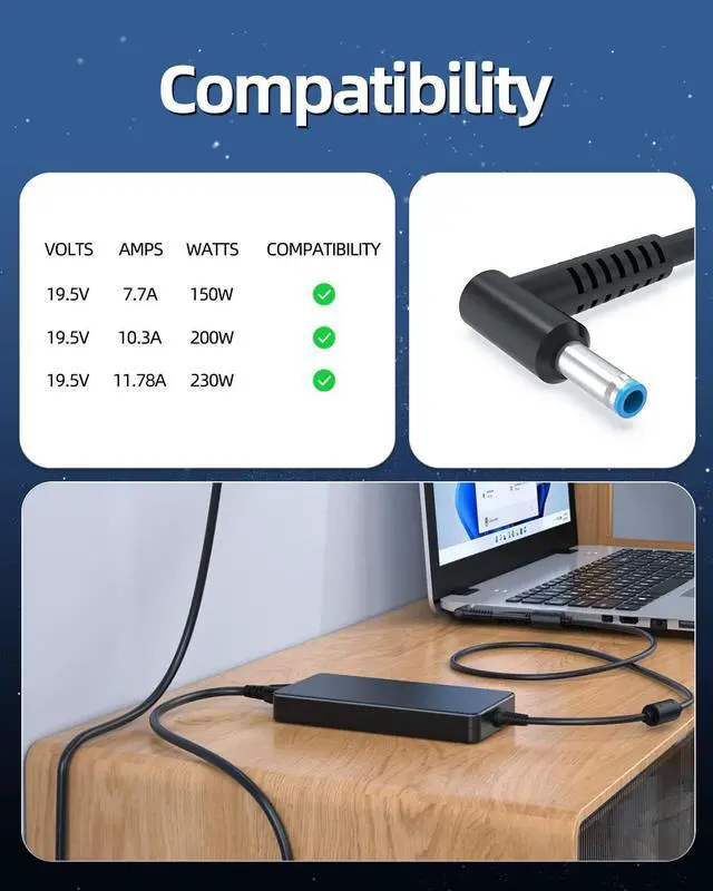 Alt view image 3 of 7 - Slim 19.5V 10.3A 200W AC Adapter Charger Fit for HP L00895-003 835888-001 815680-002 835888-001 L00818-850 ADP-200HB B Laptop Power Supply Cord