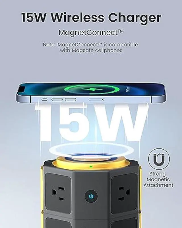 Alt view image 2 of 6 - SUPERDANNY Power Strip Tower with 15W Wireless Charger, 6.5Ft Retractable Extension Cord, 1050J Surge Protector, Spin Standing Charging Station with 8 AC Outlets 4 USB Ports for Home, Office, Garage