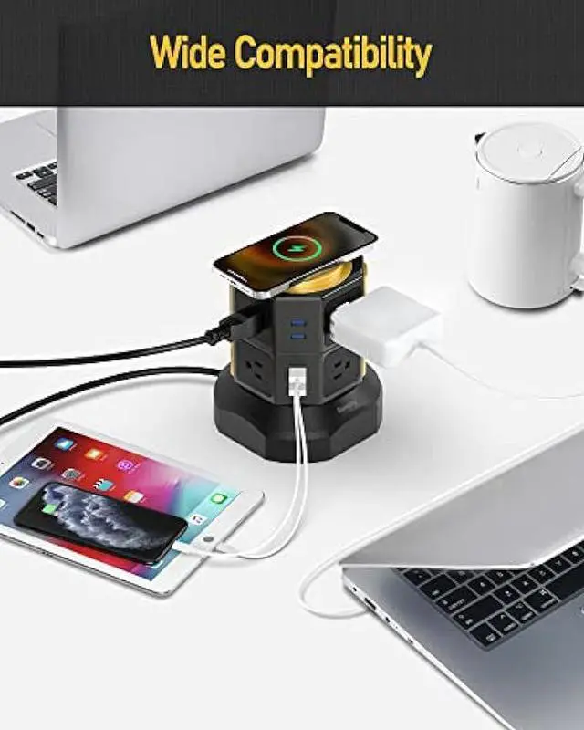 Alt view image 4 of 6 - SUPERDANNY Power Strip Tower with 15W Wireless Charger, 6.5Ft Retractable Extension Cord, 1050J Surge Protector, Spin Standing Charging Station with 8 AC Outlets 4 USB Ports for Home, Office, Garage