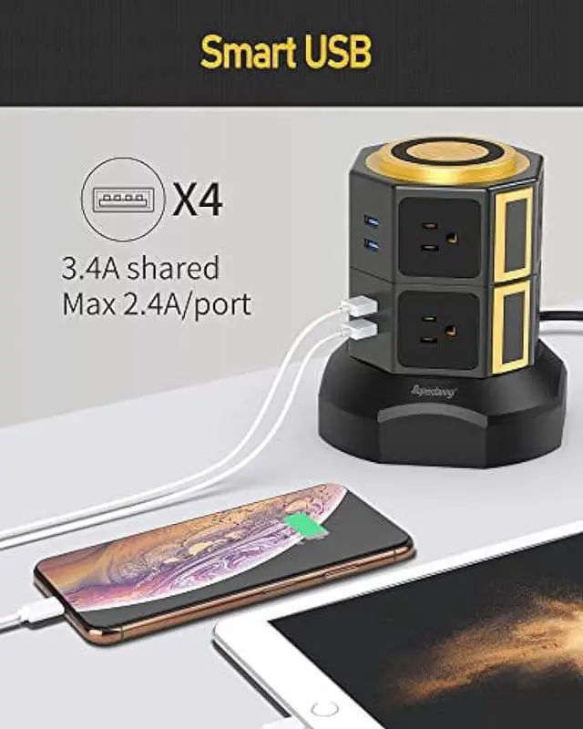 Alt view image 5 of 6 - SUPERDANNY Power Strip Tower with 15W Wireless Charger, 6.5Ft Retractable Extension Cord, 1050J Surge Protector, Spin Standing Charging Station with 8 AC Outlets 4 USB Ports for Home, Office, Garage