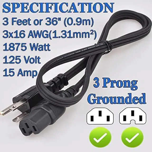 Alt view image 2 of 6 - 3 Ft Replacement Power Cord - Coffee Pot Replacement Part Suitable for Farberware Percolator Cord - Electric Cord for Computer, Monitor, TV - 16 AWG Heavy Duty 1875W 105C 15A 3 Prong Grounded, Black