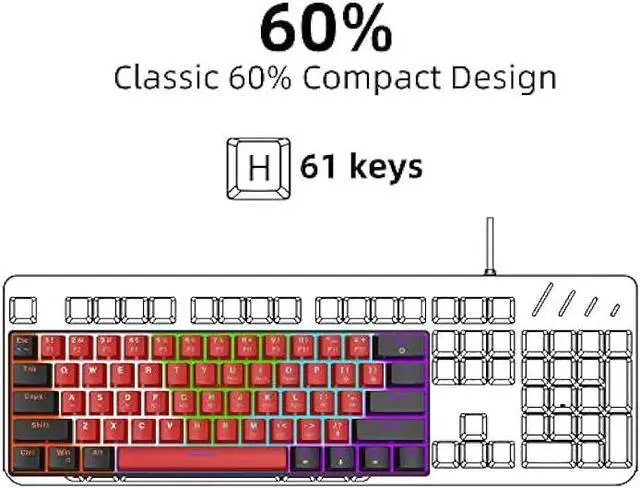 Alt view image 2 of 6 - Snpurdiri 60% Wired Mechanical Keyboard, Mini Gaming Keyboard with 61 Red Switches Keys for PC, Windows XP, Win 7, Win 10 (Black-Red, Red Switches)