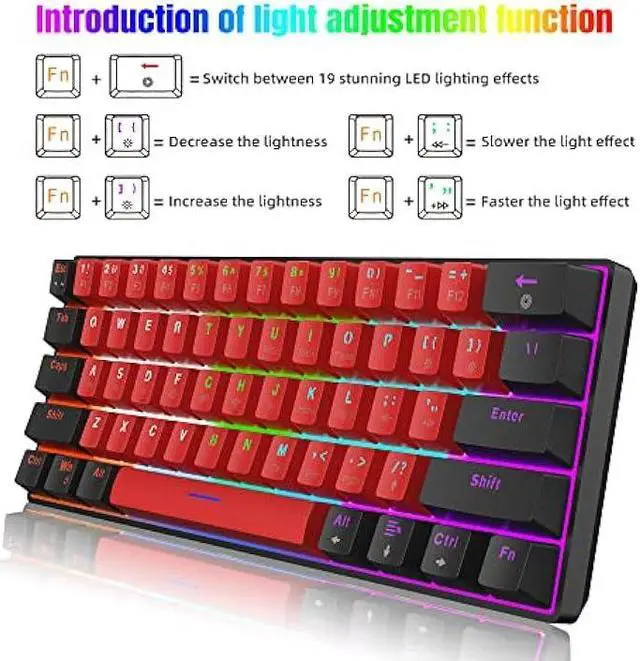 Alt view image 3 of 6 - Snpurdiri 60% Wired Mechanical Keyboard, Mini Gaming Keyboard with 61 Red Switches Keys for PC, Windows XP, Win 7, Win 10 (Black-Red, Red Switches)