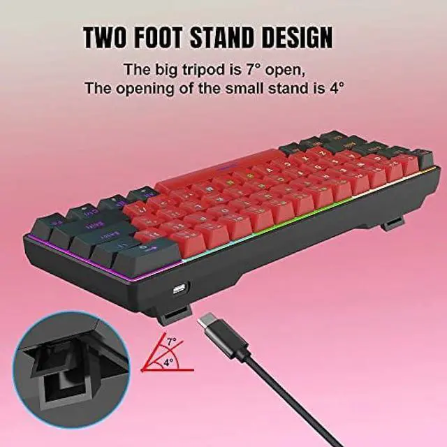 Alt view image 5 of 6 - Snpurdiri 60% Wired Mechanical Keyboard, Mini Gaming Keyboard with 61 Red Switches Keys for PC, Windows XP, Win 7, Win 10 (Black-Red, Red Switches)