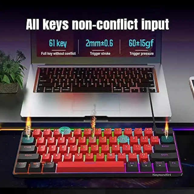 Alt view image 6 of 6 - Snpurdiri 60% Wired Mechanical Keyboard, Mini Gaming Keyboard with 61 Red Switches Keys for PC, Windows XP, Win 7, Win 10 (Black-Red, Red Switches)