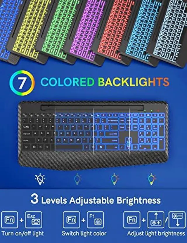 Alt view image 2 of 6 - Wireless Keyboard with 7 Colored Backlits, Wrist Rest, Phone Holder, Rechargeable Ergonomic Computer Keyboard with Silent Keys, Full Size Lighted Keyboard for Windows, MacBook, PC, Laptop (Black)