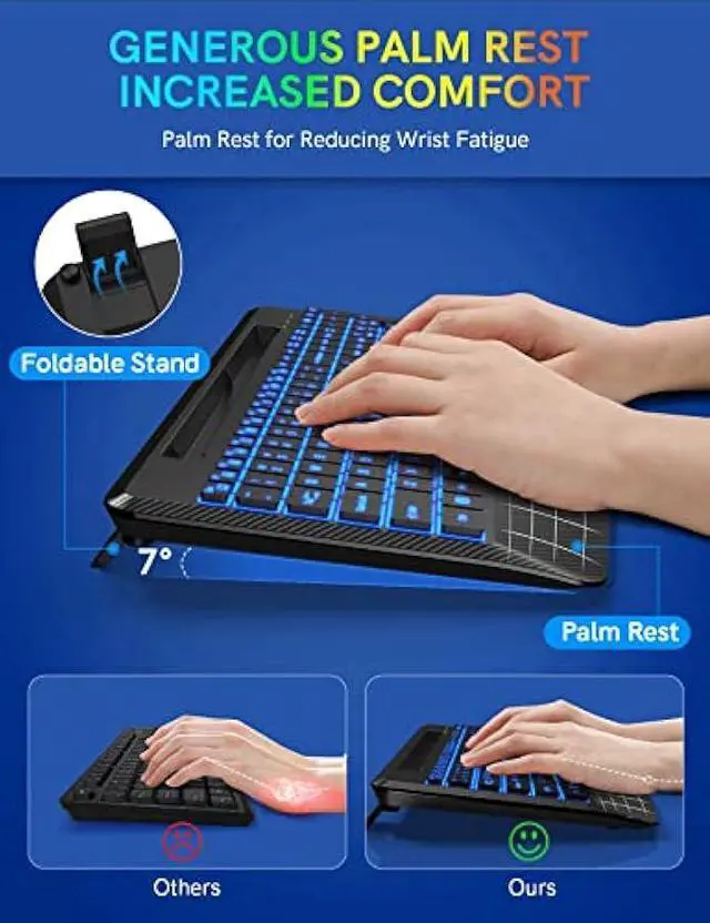 Alt view image 3 of 6 - Wireless Keyboard with 7 Colored Backlits, Wrist Rest, Phone Holder, Rechargeable Ergonomic Computer Keyboard with Silent Keys, Full Size Lighted Keyboard for Windows, MacBook, PC, Laptop (Black)