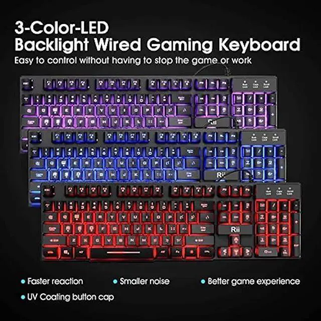 Alt view image 4 of 6 - Rii Gaming Keyboard and Mouse Set, 3-LED Backlit Mechanical Feel Business Office Keyboard Colorful Breathing Backlit Gaming Mouse for Working or Primer Gaming,Office Device (RK108)