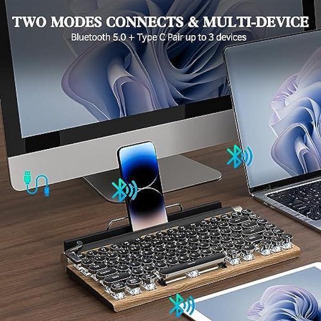 Alt view image 2 of 6 - Retro Typewriter Keyboard Wireless, Mechanical Gaming Vintage Keyboard 83-Key Blue Switches Punk Round Keycap, 14 Modes LED Backlight, Type-C, Bluetooth 5.0Compatible with PC/Laptop/Pad/Phone, Wooden