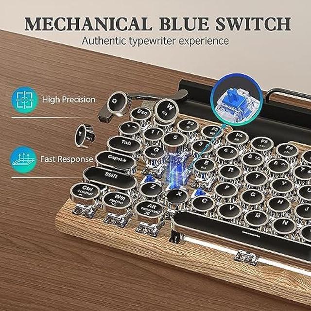 Alt view image 4 of 6 - Retro Typewriter Keyboard Wireless, Mechanical Gaming Vintage Keyboard 83-Key Blue Switches Punk Round Keycap, 14 Modes LED Backlight, Type-C, Bluetooth 5.0Compatible with PC/Laptop/Pad/Phone, Wooden
