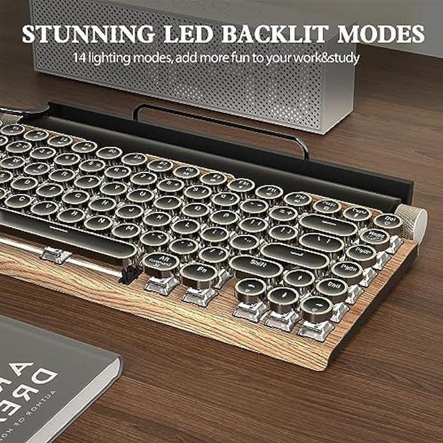 Alt view image 5 of 6 - Retro Typewriter Keyboard Wireless, Mechanical Gaming Vintage Keyboard 83-Key Blue Switches Punk Round Keycap, 14 Modes LED Backlight, Type-C, Bluetooth 5.0Compatible with PC/Laptop/Pad/Phone, Wooden