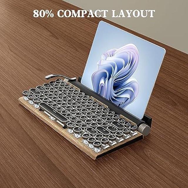 Alt view image 6 of 6 - Retro Typewriter Keyboard Wireless, Mechanical Gaming Vintage Keyboard 83-Key Blue Switches Punk Round Keycap, 14 Modes LED Backlight, Type-C, Bluetooth 5.0Compatible with PC/Laptop/Pad/Phone, Wooden