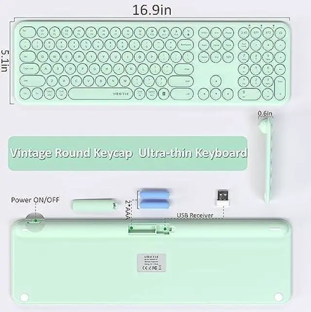 Alt view image 6 of 6 - UBOTIE Wireless Green Keyboard, Bluetooth 2.4GHz Dural Mode Connection Scissor Switches Slim Quiet Round Keycaps Full Size Office Computer Keyboards for PC MAC Smart Phones