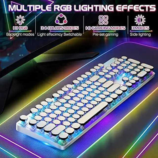 Alt view image 2 of 6 - YSCP Typewriter Style Mechanical Gaming Keyboard RGB Backlit Wired with Blue Switch Retro Round Keycap 104 Keys Keyboard (Writertype Keyboard-104keys White)