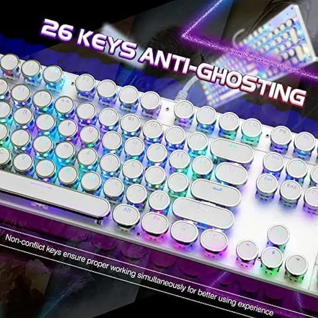 Alt view image 4 of 6 - YSCP Typewriter Style Mechanical Gaming Keyboard RGB Backlit Wired with Blue Switch Retro Round Keycap 104 Keys Keyboard (Writertype Keyboard-104keys White)
