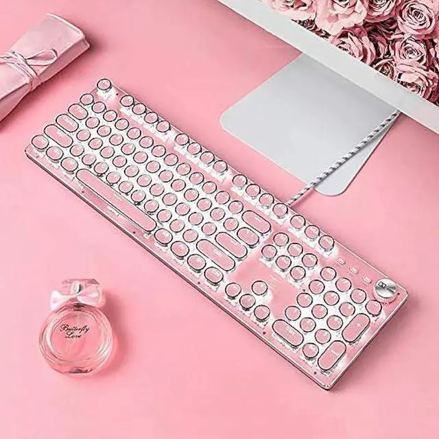 Alt view image 6 of 6 - CHICHEN Retro Steampunk Typewriter-Style Gaming Keyboard, Blue Switches,Pure White Backlight, USB Wired, for PC Laptop Desktop, Stylish Pink Mechanical Keyboard Round Keycaps