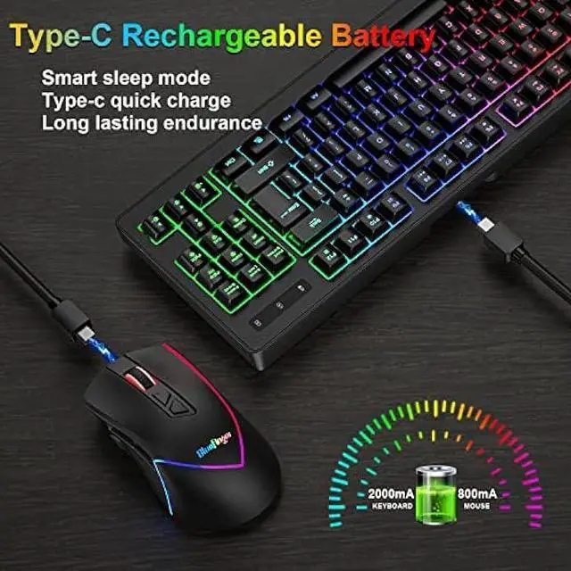 Alt view image 3 of 7 - BlueFinger Wireless Gaming Keyboard and Mouse Combo, Long Lasting Rechargeable Battery 87 Keys RGB Rainbow Backlit Gaming Keyboard & Ergonomic Light Up Gaming Mice for Mac Laptop Computer PC Gamer