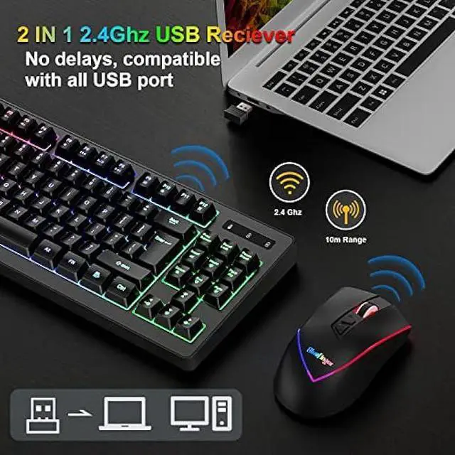 Alt view image 4 of 7 - BlueFinger Wireless Gaming Keyboard and Mouse Combo, Long Lasting Rechargeable Battery 87 Keys RGB Rainbow Backlit Gaming Keyboard & Ergonomic Light Up Gaming Mice for Mac Laptop Computer PC Gamer