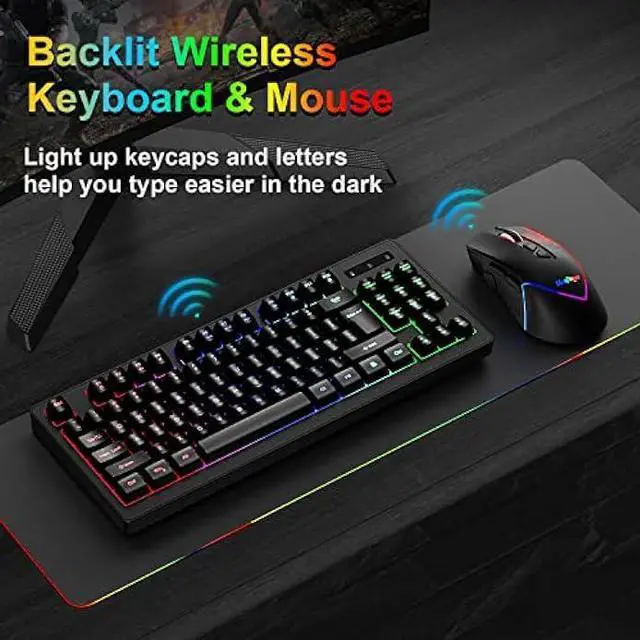 Alt view image 7 of 7 - BlueFinger Wireless Gaming Keyboard and Mouse Combo, Long Lasting Rechargeable Battery 87 Keys RGB Rainbow Backlit Gaming Keyboard & Ergonomic Light Up Gaming Mice for Mac Laptop Computer PC Gamer