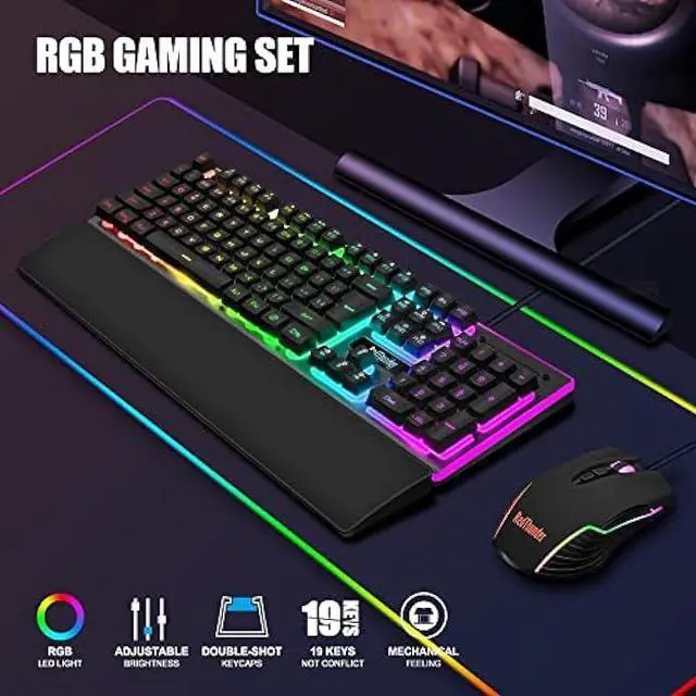 Alt view image 2 of 6 - RedThunder K10 Wired Gaming Keyboard and Mouse and Wrist Rest Combo, RGB Backlit, Mechanical Feel Anti-ghosting Keyboard + 7D 7200 DPI Mice+Soft Leather Wrist Rest 3 in 1 PC Gamer Accessories(Black)
