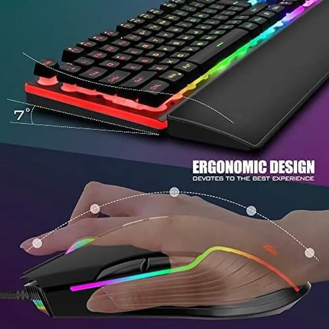 Alt view image 5 of 6 - RedThunder K10 Wired Gaming Keyboard and Mouse and Wrist Rest Combo, RGB Backlit, Mechanical Feel Anti-ghosting Keyboard + 7D 7200 DPI Mice+Soft Leather Wrist Rest 3 in 1 PC Gamer Accessories(Black)