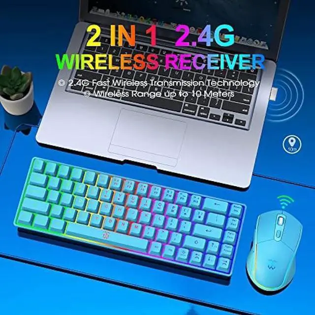 Alt view image 2 of 6 - Snpurdiri 60% Wireless Gaming Keyboard and Mouse Combo,LED Backlit Rechargeable 2000mAh Battery,Small Membrane But Mechanical Feel Keyboard + 6D 3200DPI Mice for Gaming,Business OfficeBlue