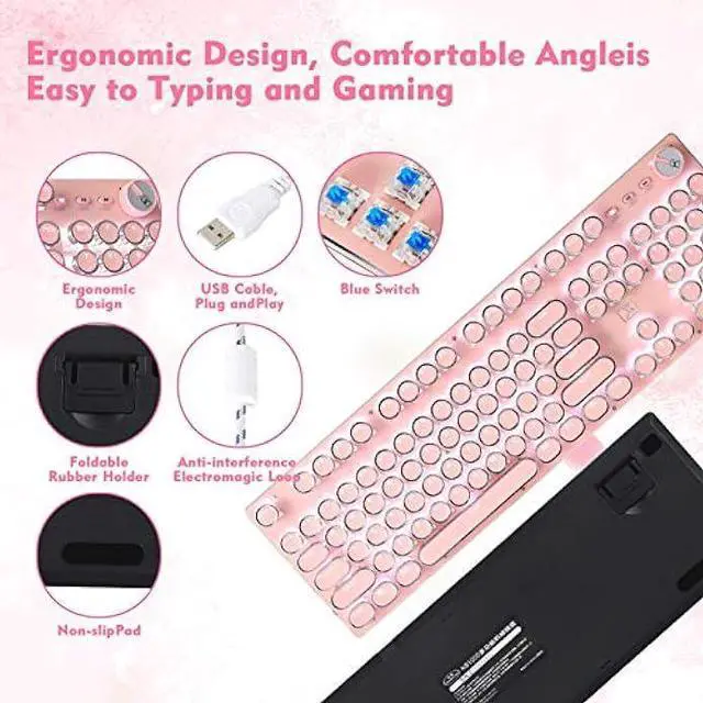 Alt view image 2 of 6 - CHICHEN Retro Steampunk Typewriter-Style Gaming Keyboard, Blue Switches,Pure White Backlight, USB Wired, for PC Laptop Desktop, Stylish Pink Mechanical Keyboard Round Keycaps
