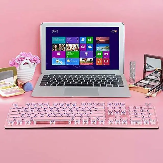 Alt view image 5 of 6 - CHICHEN Retro Steampunk Typewriter-Style Gaming Keyboard, Blue Switches,Pure White Backlight, USB Wired, for PC Laptop Desktop, Stylish Pink Mechanical Keyboard Round Keycaps