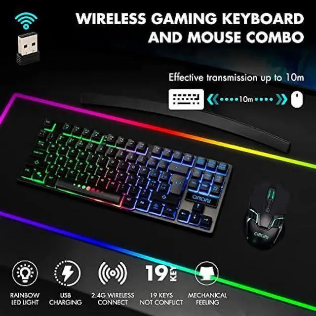 Alt view image 2 of 7 - Gaming Wireless TKL Keyboard Mouse Combo Rechargeable LED Backlit Tenkeyless Compact 87 Keys 6 Button for Computer Laptop PS4 PS5 Switch Compatible with Windows XP/7/8/10 iMac MacBook Xbox one X