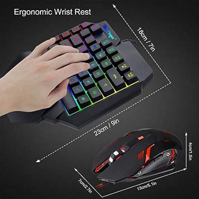 Alt view image 6 of 7 - One Hand RGB Gaming Keyboard and Backlit Mouse Combo,USB Wired Rainbow Letters Glow Single Hand Mechanical Feeling Keyboard with Wrist Rest Support, Gaming Keyboard Set for Game