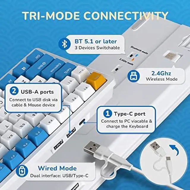 Alt view image 2 of 5 - RK ROYAL KLUDGE RK98 Wireless Mechanical Keyboard Triple Mode 2.4G/BT5.1/USB-C 100 Keys Hot Swappable Brown Switches with Number Pad RGB Backlit 3750mAh Battery NKRO Gaming Keyboard Ergonomic Design