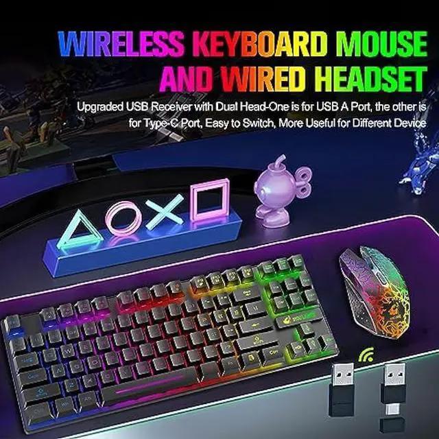 Alt view image 2 of 7 - Wireless Gaming Keyboard and Mouse Combo with 87 Key Rainbow LED Backlight Rechargeable 3800mAh Battery Mechanical Feel Anti-ghosting Ergonomic Waterproof RGB Mute Mice for Computer PC Gamer (Black)