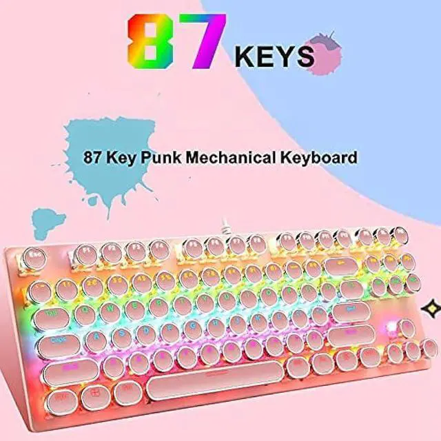 Alt view image 7 of 7 - Ltvystore Mechanical Gaming Pink Keyboard,87 Key Retro Punk Typewriter-Style,Blue Switch RGB Backlit Keyboard,Anti-Ghosting, USB Wired, for PC Laptop Desktop Computer, for Game and Office