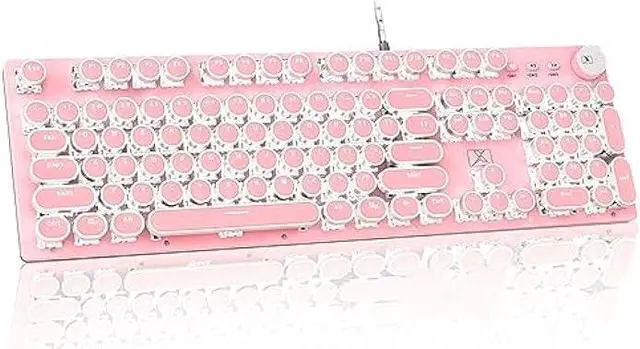 Main image of LexonElec Typewriter Style Retro Wired Mechanical Gaming Keyboard,Vintage Steampunk Keyboard with White Backlit,104-Key Blue Switch Cute Keyboard,Round Keycaps Knob Control for PC/Windows/Mac