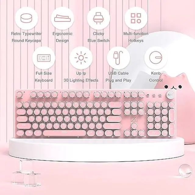 Alt view image 2 of 7 - LexonElec Typewriter Style Retro Wired Mechanical Gaming Keyboard,Vintage Steampunk Keyboard with White Backlit,104-Key Blue Switch Cute Keyboard,Round Keycaps Knob Control for PC/Windows/Mac