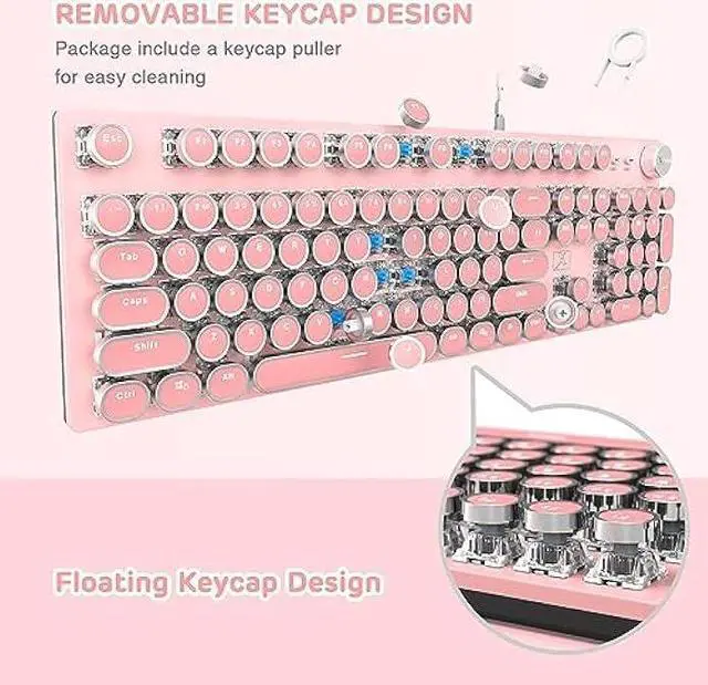Alt view image 7 of 7 - LexonElec Typewriter Style Retro Wired Mechanical Gaming Keyboard,Vintage Steampunk Keyboard with White Backlit,104-Key Blue Switch Cute Keyboard,Round Keycaps Knob Control for PC/Windows/Mac