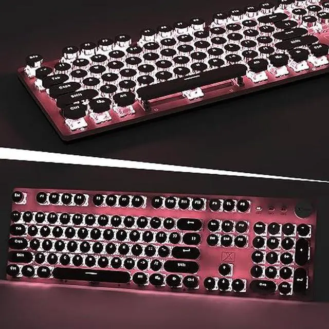 Alt view image 5 of 7 - LexonElec Typewriter Style Retro Wired Mechanical Gaming Keyboard,Vintage Steampunk Keyboard with White Backlit,104-Key Blue Switch Cute Keyboard,Round Keycaps Knob Control for PC/Windows/Mac