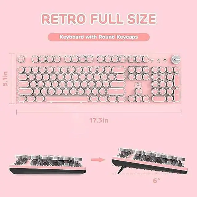 Alt view image 6 of 7 - LexonElec Typewriter Style Retro Wired Mechanical Gaming Keyboard,Vintage Steampunk Keyboard with White Backlit,104-Key Blue Switch Cute Keyboard,Round Keycaps Knob Control for PC/Windows/Mac
