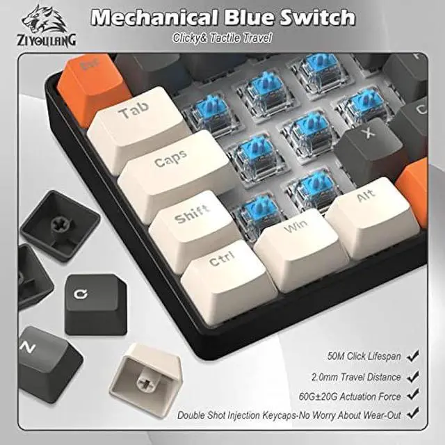 Alt view image 4 of 7 - ZIYOU LANG RK-T60 Wired Mechanical Gaming Keyboard and Mouse Combo Portable with Rainbow Backlit 62Key NKRO 6400DPI RGB Honeycomb Mice Coiled Aviator Cable for PS4/PC/WIN Gamer(Dark Gray/Blue Switch)