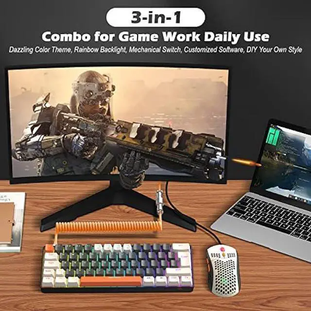 Alt view image 7 of 7 - ZIYOU LANG RK-T60 Wired Mechanical Gaming Keyboard and Mouse Combo Portable with Rainbow Backlit 62Key NKRO 6400DPI RGB Honeycomb Mice Coiled Aviator Cable for PS4/PC/WIN Gamer(Dark Gray/Blue Switch)