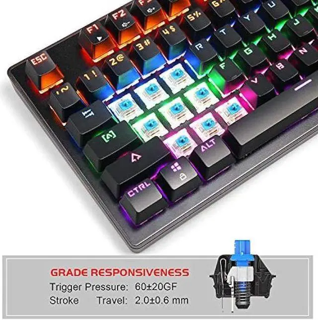 Alt view image 7 of 7 - Anivia True Mechanical Gaming Keyboard Wired, Ergonomic Keyboard with Blue Switches, 87 Keys Waterproof Mini Keyboard for PC Laptop, RGB LED Rainbow Backlight